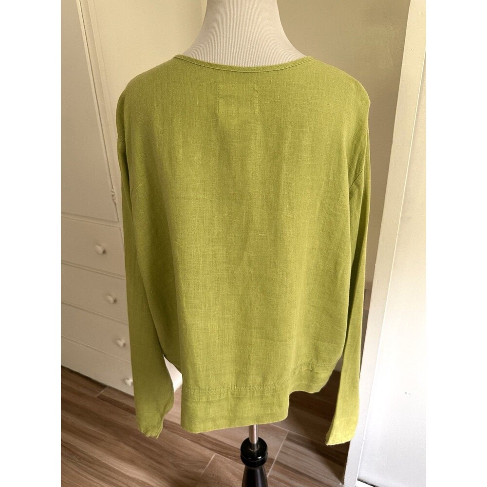 FLAX Womens Green Woven Linen Lagenlook Boho Long Sleeve Button Up Top Sz L - Picture 9 of 10
